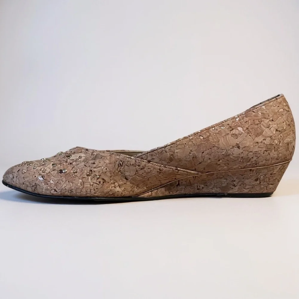 Vintage 1980s Rosina Ferragamo Schiavone Womens Wedge Heel Sz 9 Tan Cork Studded